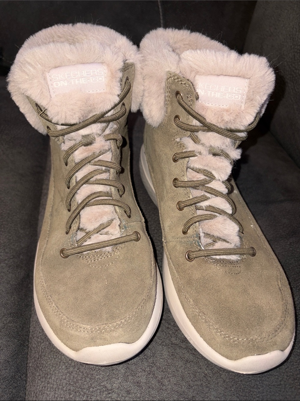 Skechers Olive Suede Fur-Trim Lace-Up Winter Boots